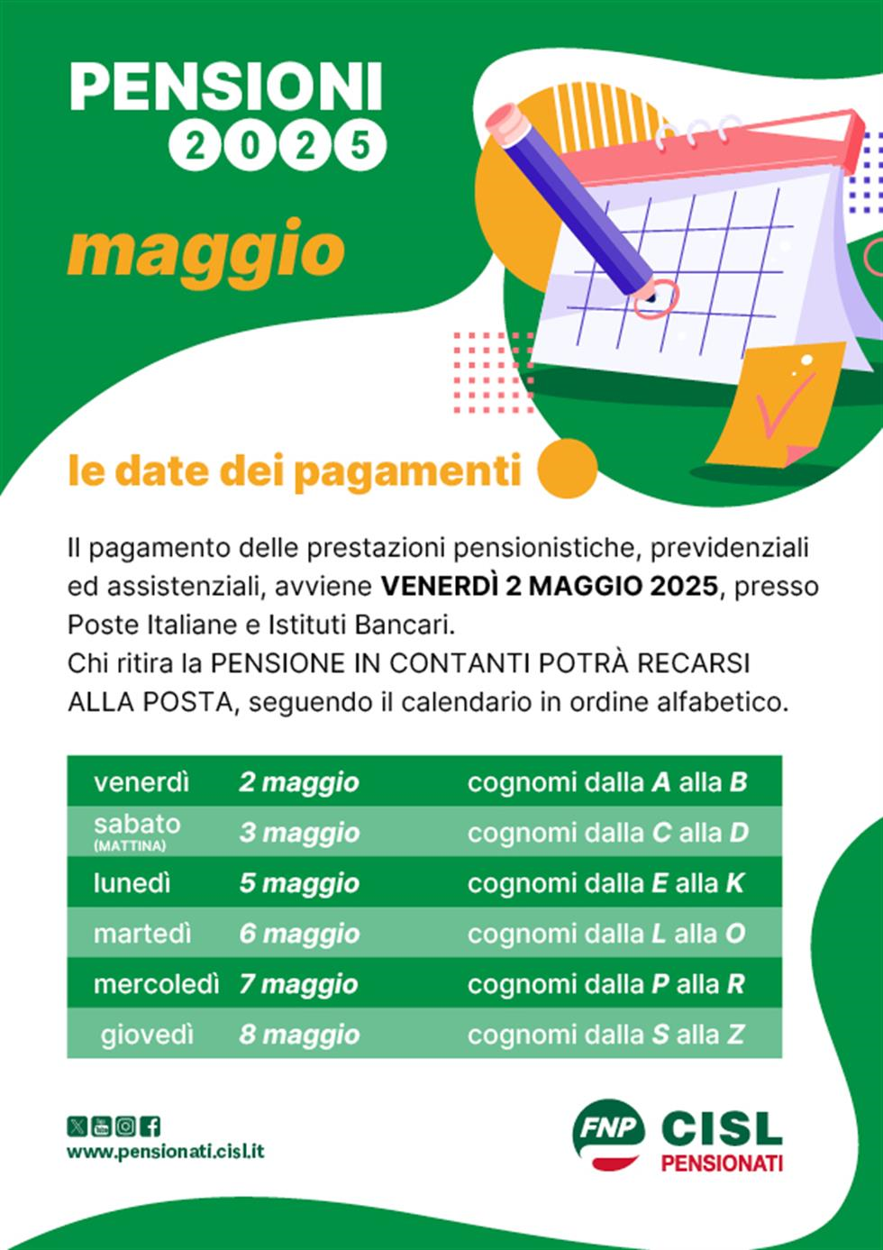Calendario dei pagamenti delle pensione - Maggio 2025