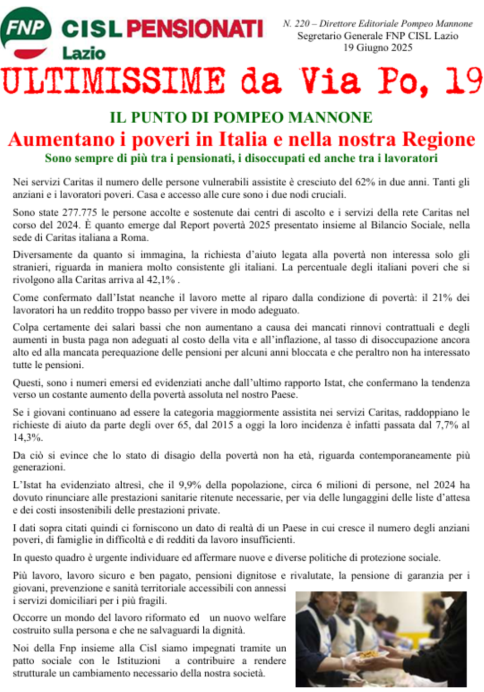 Aumentano i poveri in Italia e nella nostra Regione