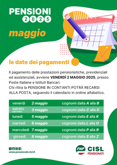 Calendario dei pagamenti delle pensione - Maggio 2025