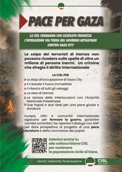 Fumarola: Emergenza Gaza – Posizione CISL e strumenti di sensibilizzazione e sostegno 