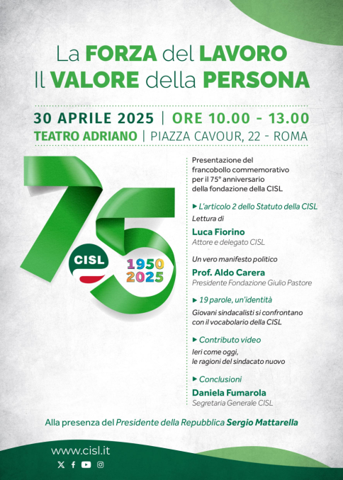 Il 30 aprile a Roma il 75° anniversario della fondazione della Cisl